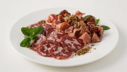 Assorted cured meats with herbs and spices served on a white plate.