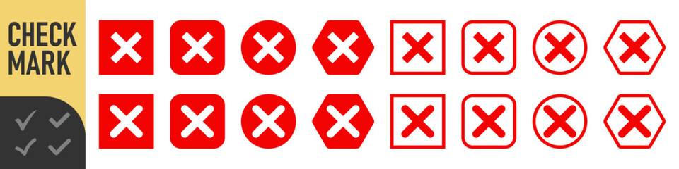 Fototapeta premium Red and black cross icons set : Set of many red cross set icons in various shapes: square, rounded, circle, and outlined rounded square. perfect for UI, errors, failures