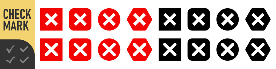 Fototapeta premium Red and black cross icons set : Set of many red cross set icons in various shapes: square, rounded, circle, and outlined rounded square. perfect for UI, errors, failures