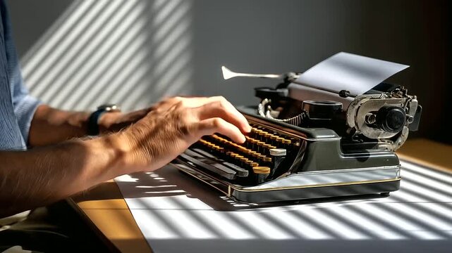 Hands typing on vintage typewriter, rhythmic sound of keys, sunlight stripes across paper.