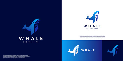 education symbol with marine animal logo, humpback whale, communication, sound waves, graphic design illustration.