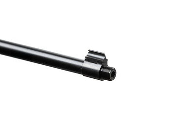 Black metal rifle barrel end with a threaded muzzle and front sight on a white back