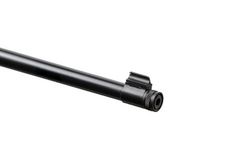 Muzzle of a black rifle barrel with a front sight and threaded end.
