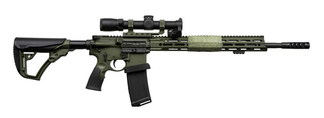 Tactical green AR-style rifle with scope and muzzle brake on a white back