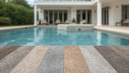 Obraz premium A luxurious house with a swimming pool and a patio area. Modern and stylish architecture with outdoor furniture. The scene depicts leisure and comfort.