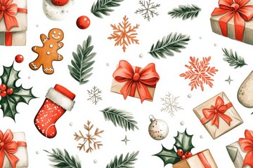Seamless pattern featuring festive Christmas decorations with pine branches, holly, and snowflakes