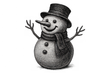 Snowman drawing with carrot nose and top hat, cartoon smiling character representing winter holidays and christmas season, transparent background