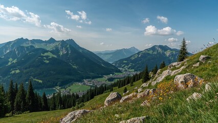 Scenic mountain landscape with lush green hills, rocky slopes, and a distant view of mountains under a partly cloudy sky.