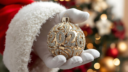 Santa Holding Golden 2028 Ornament by Christmas Tree