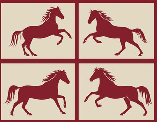 Set of stylized silhouettes of horses in motion. Flat style emblems of galloping red horses. The symbol of 2026 year.