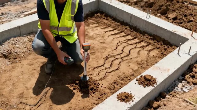 Construction worker examining soil compaction and moisture levels around foundation base to secure optimal ground conditions for longterm stability and safety compliance.