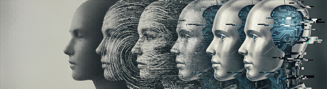 Digital transformation of a mans head from human to robot, illustrating the concept of dehumanization and evolving dependence on artificial intelligence. Banner with copy space