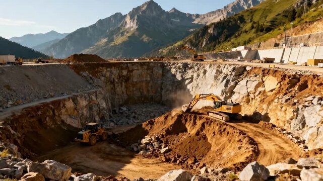 Heavy machinery sculpting rock and earth to shape the foundation for a hydroelectric power plant reservoir with mountain peaks looming behind.