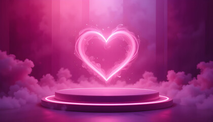A glowing pink heart floats above a cylindrical platform amidst swirling smoke and a vibrant dark background