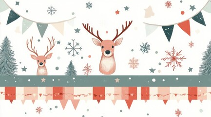 Festive seamless pattern with reindeer and Christmas trees in pastel red and green for holiday decoration