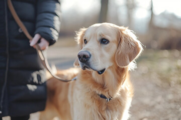 Happy Dog Walking on Leash with Owner Through Forest Path at Sunset in Bright Summer Nature and Warm Sunlight