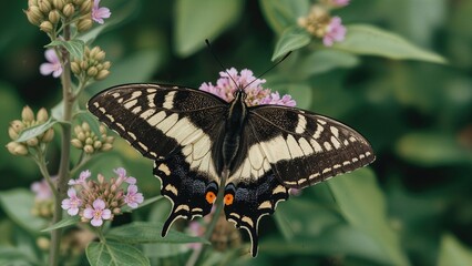Fototapeta premium Butterfly on pink flowers with green leaves.