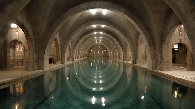 grand bath hall with concrete groin vaults reflecting light