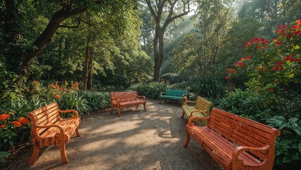 A peaceful park scene with multiple benches, lush greenery, and sunlight filtering through trees. Nature, relaxation, and outdoor space. The concept of tranquil outdoor environment.