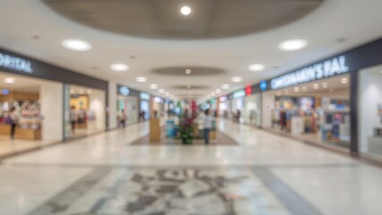 Fototapeta premium Interior of a shopping mall with retail stores and bright lighting, featuring a central pathway and decorative plants.