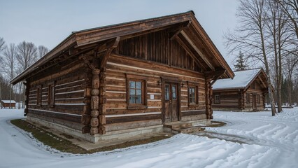 Rustic log cabin house in snowy landscape with trees, wooden structure, and snow-covered surroundings. Traditional building and winter scene.