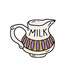 Hand drawn hygge doodle ceramic milk jug icon vector illustration. Cozy kitchen utensils clipart