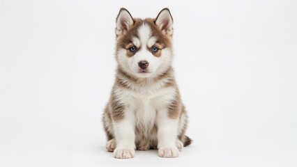 Adorable husky puppy sitting with a white background. Cute puppy with blue eyes and fluffy coat. Pet and animal photography. Young dog calm and resting.