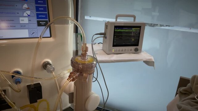 Equipment In View, Bedside Trolley With Monitoring Devices, Display And Collection Units By Bedside Trolley