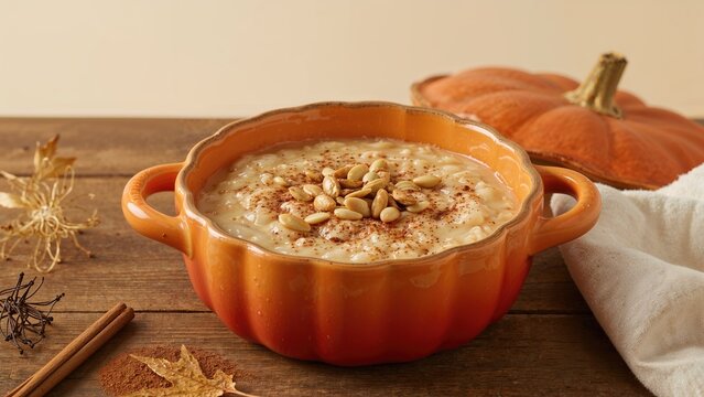 Pumpkin soup served in a pumpkin-shaped bowl with pumpkin and spices on a wooden table, autumn or fall themed. - Powered by Adobe