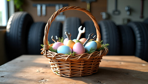 Easter eggs and mechanic tools on wicker basket rustic wooden table amidst  and tires in garage. spring festivity with automotive ambiance. Easter promotions, auto shop ads, seasonal business campaign
