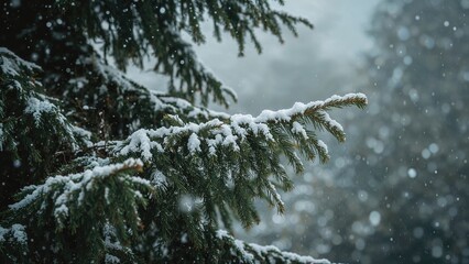 Snow-covered pine branch in winter forest, with falling snowflakes and blurred background. Cold weather, nature, and winter scene.