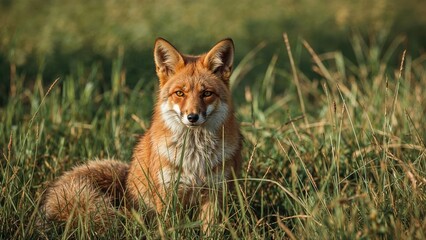 Obraz premium A fox sitting in tall grass in a natural environment.
