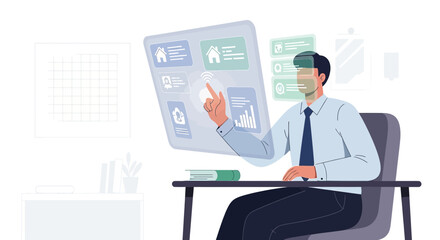 Man using holographic display for smart home control and data analysis in futuristic workspace