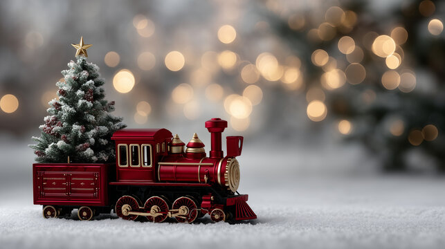 A charming winter holiday scene featuring a small red toy train placed on a snowy surface in the lower left of the frame. The train has classic vintage detailing, including red whe