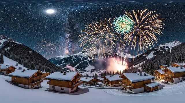 Spectacular 360 Degree View of Fireworks in a Snowy Alpine Village at Night.