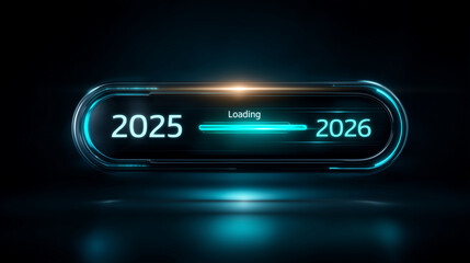 sleek futuristic interface on a dark blue and black gradient background, featuring a glowing horizontal progress bar labeled Loadingâ¦. On the left side the number 2025, on the righ