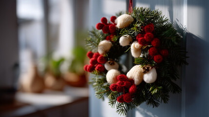 Close-up of a handmade Christmas wreath hanging on a pastel-colored door, decorated with pine branches, wooden ornaments, fabric toys, red festive accents, warm cozy holiday mood,