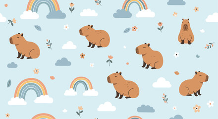 Fototapeta premium Charming seamless pattern featuring adorable capybaras, fluffy clouds, pastel rainbows, and delicate flowers on a light blue background.