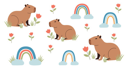 Obraz premium Adorable collection featuring cute capybaras, charming rainbows, and colorful flowers with green grass, arranged playfully on white.