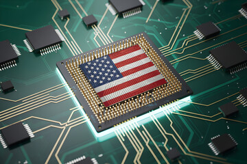 Usa flag chip on circuit board representing technology industry