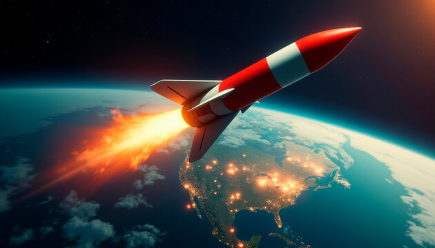 A missile with a nuclear warhead flies above the Earth, invincible force and danger