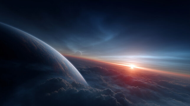 Epic deep-space scene with a massive planet in the foreground, sunrise cresting over the horizon, multiple distant planets aligned across a glowing starfield, cosmic dust, blue neb