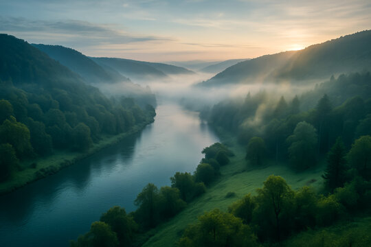 Serene river flowing through misty green hills at sunrise - Powered by Adobe