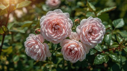 Screenshot of pink roses in full bloom with green leaves.
