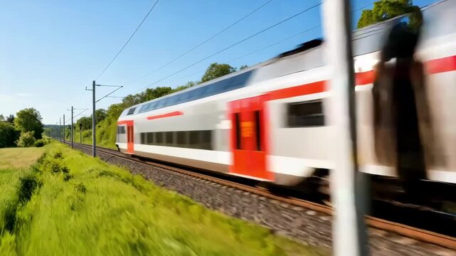 Electric train passing through newly electrified tracks with visible overhead power systems amid green countryside scenery
