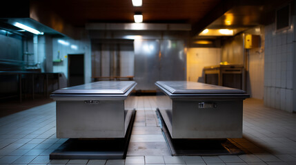 Industrial crematorium interior with two coffins positioned on metal rails before furnace openings, sterile tiled floor, stainless steel machinery, neutral lighting, quiet solemn a