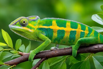 Fototapeta premium Panther chameleon resting on a branch outdoors