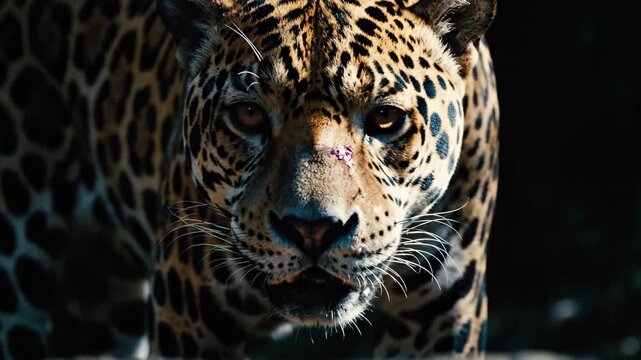 Close up portrait of a jaguar with spotted fur and intense orange eyes in a dark jungle environment with dappled sunlight highlighting its face and whiskers