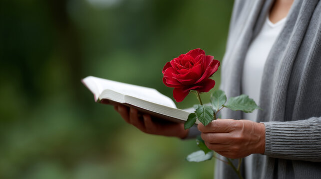 Close-up of hands holding a red rose and a religious book during a funeral ceremony, blurred green background, calm respectful atmosphere, symbolic gesture of remembrance and loss, - Powered by Adobe