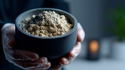 Hands wearing protective gloves holding a container filled with human ashes after cremation, detailed texture of ash particles, calm and respectful setting, symbolic representation